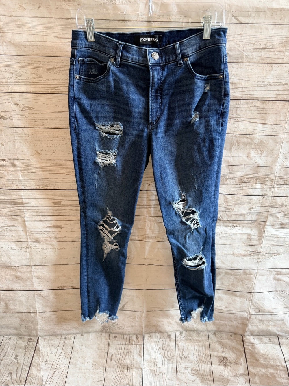 Express Distressed Dark Blue Ankle Skinny Jeans